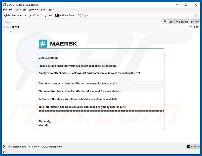 Courriel de spam sur le thème de Maersk faisant la promotion d'un fichier HTML de phishing