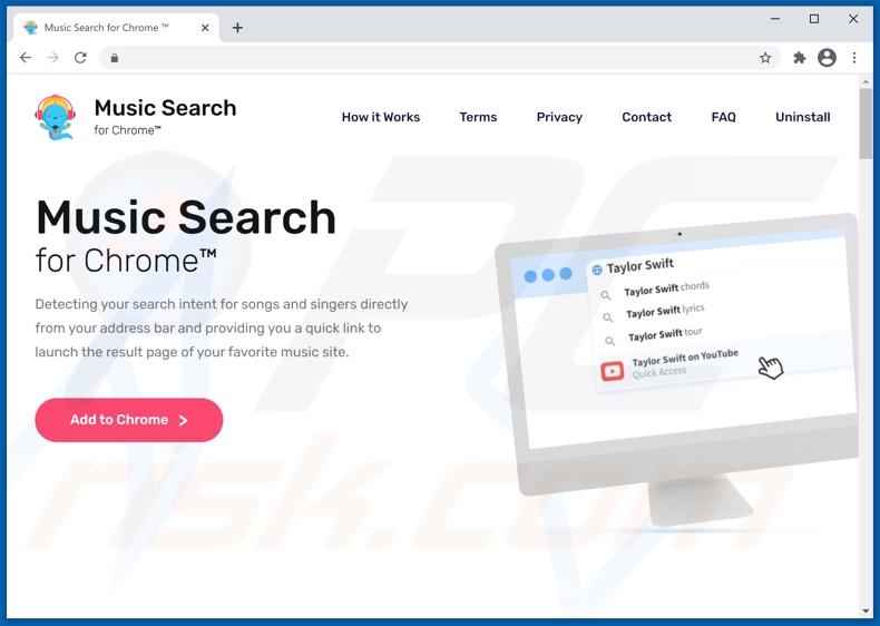 Site Web utilisé pour promouvoir le pirate de navigateur Music Search pour Chrome