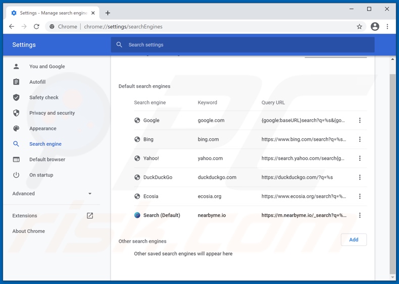 Suppression de nearme.io du moteur de recherche par défaut de Google Chrome