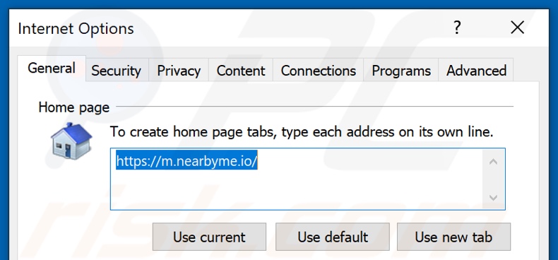 Suppression de nearme.io de la page d'accueil d'Internet Explorer