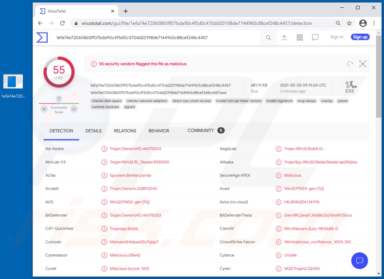 Détections de logiciels malveillants Panda sur VirusTotal