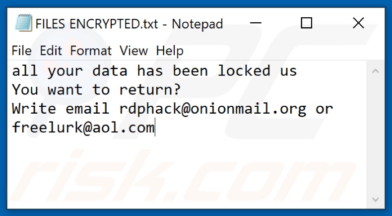 Fichier texte du ransomware Rdp (Dharma) (FILES ENCRYPTED.txt)