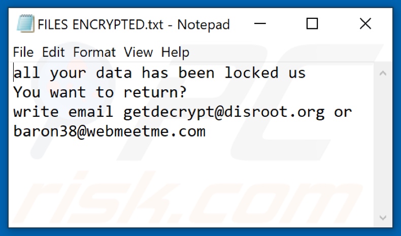 Fichier texte du rançongiciel racine (FILES ENCRYPTED.txt)