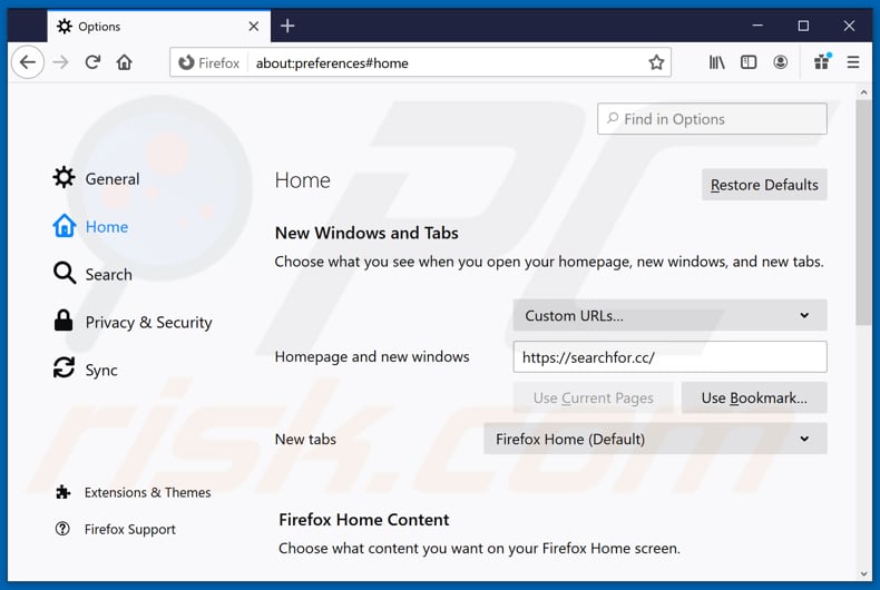 Suppression de searchfor.cc de la page d'accueil de Mozilla Firefox