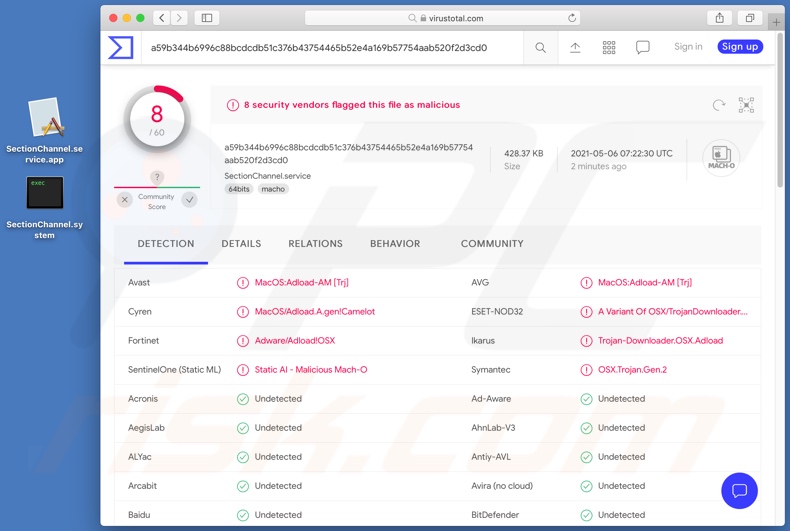 Détections de logiciels publicitaires SectionChannel sur VirusTotal