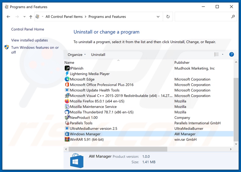 Désinstallation du logiciel de publicité Windows Manager via le Panneau de configuration