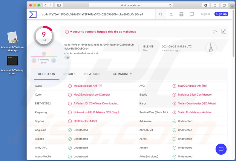 Détections de logiciels publicitaires AccessibleTask sur VirusTotal