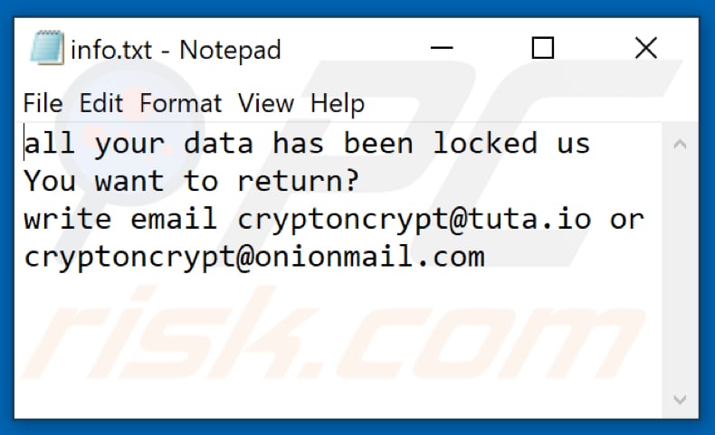 Fichier texte du ransomware Cryptoncrypt (info.txt)