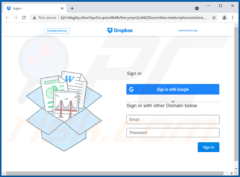 Site Web d'hameçonnage sur le thème de Dropbox