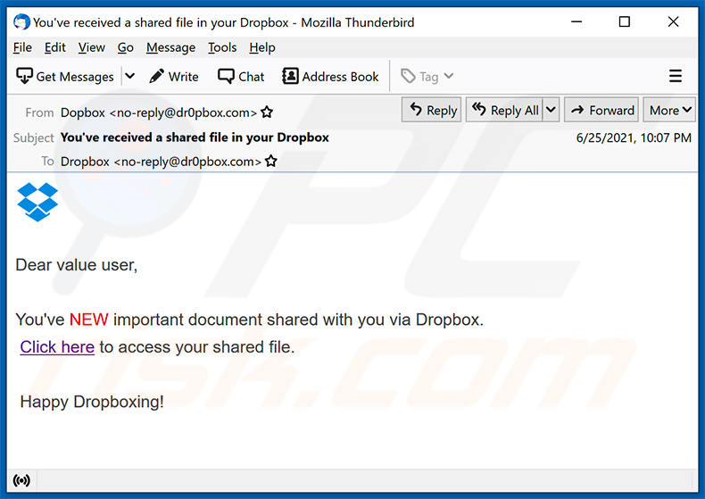 E-mail de spam sur le thème de Dropbox (2021-06-30)
