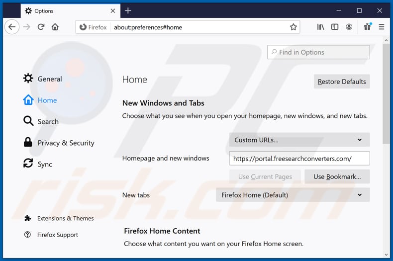 Suppression de freesearchconverters.com de la page d'accueil de Mozilla Firefox
