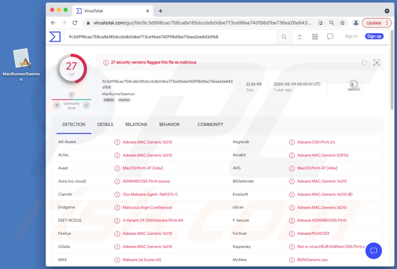 Détections de logiciels publicitaires MacRunnerDaemon sur VirusTotal