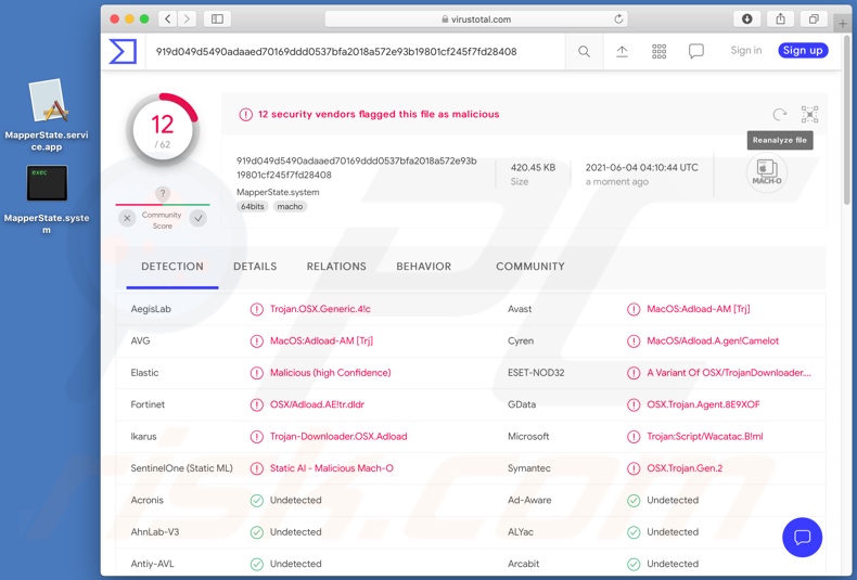 Détections de logiciels publicitaires MapperState sur VirusTotal