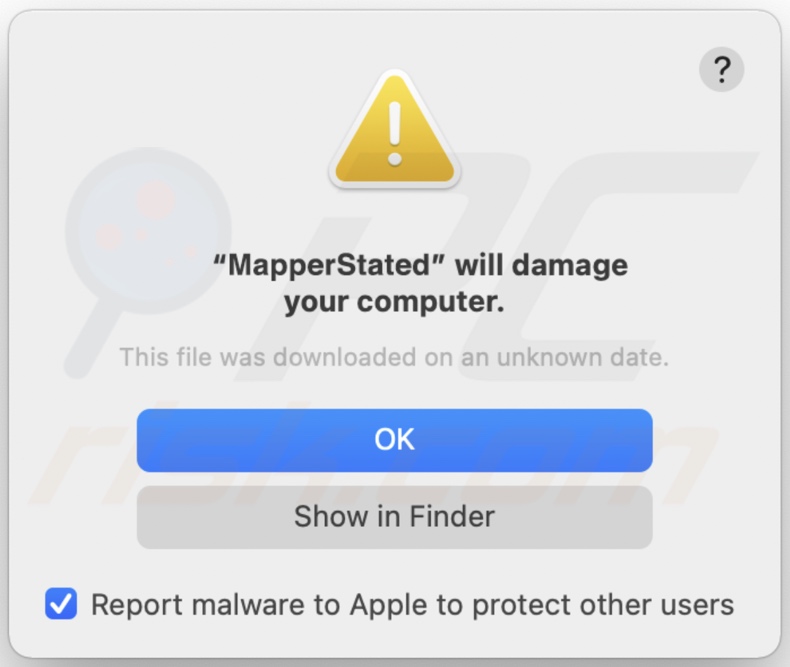 Pop-up affiché lorsque le logiciel publicitaire MapperState est présent sur le système