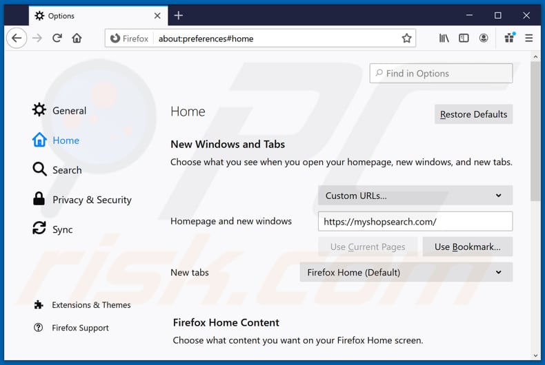 Suppression de myshopsearch.com de la page d'accueil de Mozilla Firefox