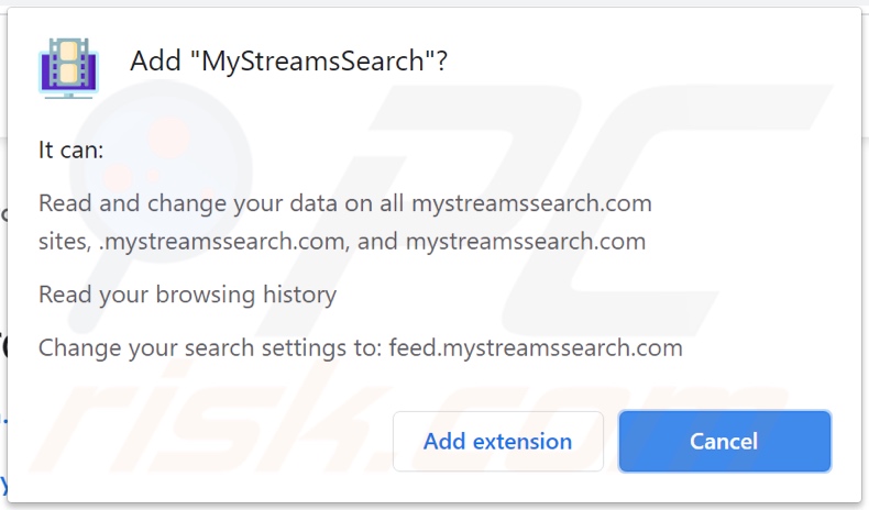 MyStreamsSearch pirate de navigateur demandant des autorisations