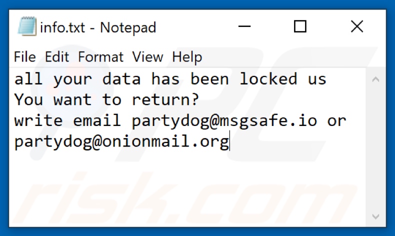 Fichier texte du ransomware PARTYDOG (info.txt)