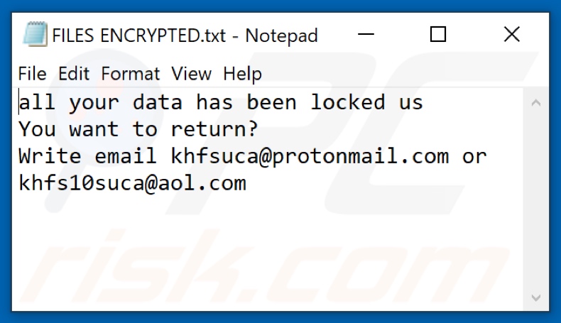 Fichier texte du ransomware Pr09 (FILES ENCRYPTED.txt)