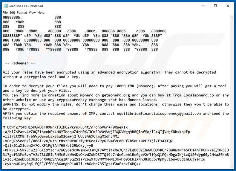 Message demandant une rançon du rançongiciel Redeemer (Lisez-moi.TXT)