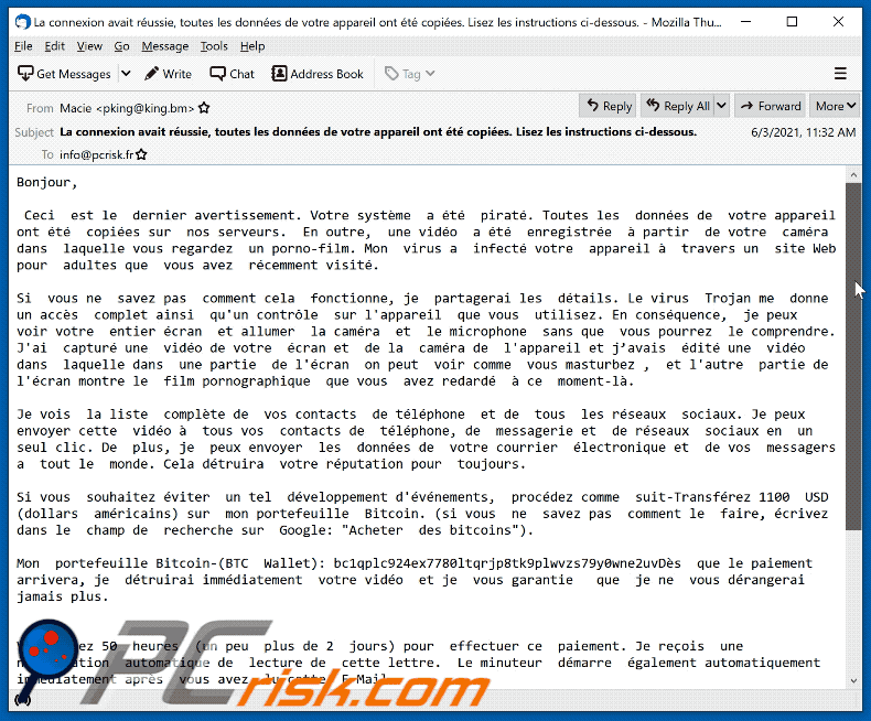 Variante française de l'e-mail frauduleux de la dernière fois que vous avez visité un site Web porno