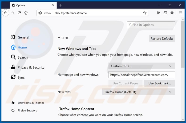 Suppression de thepdfconvertersearch.com de la page d'accueil de Mozilla Firefox