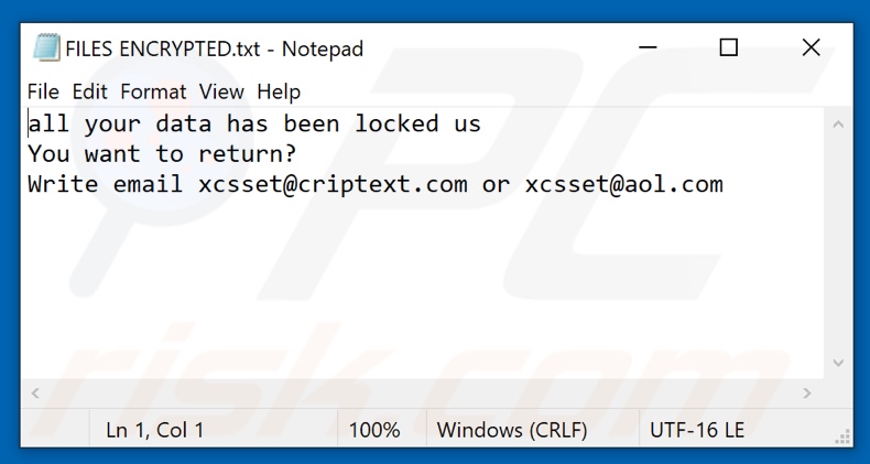 Fichier texte du ransomware Xcss (FILES ENCRYPTED.txt)