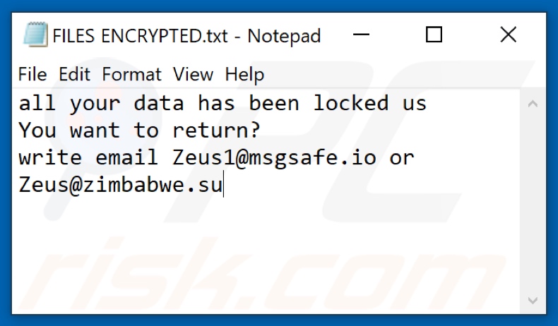 Fichier texte du ransomware ZEUS (FILES ENCRYPTED.txt)