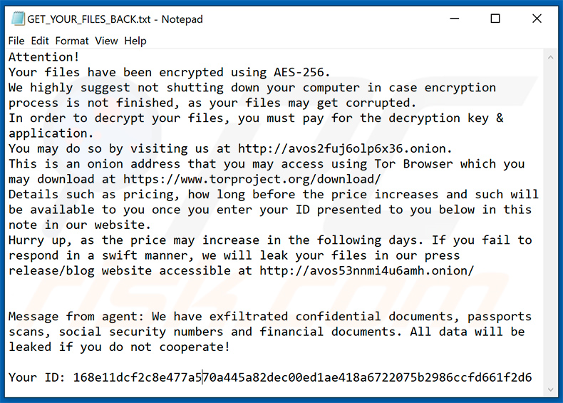 Instructions de décryptage AvosLocker (GET_YOUR_FILES_BACK.txt)