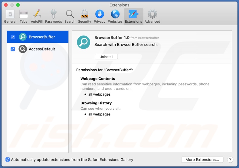 Le logiciel publicitaire BrowserBuffer installé sur Safari