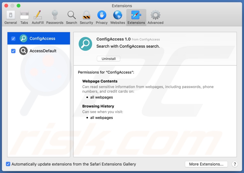 Adware ConfigAccess installé sur Safari