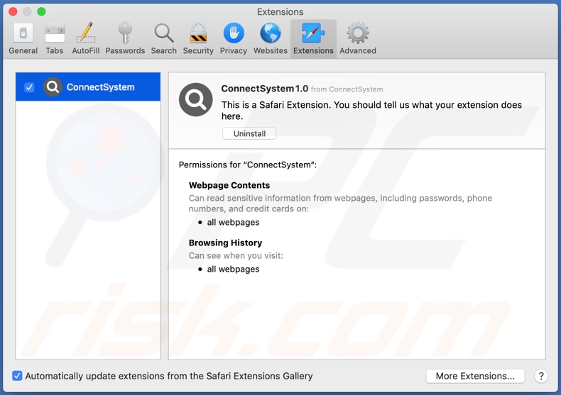 Adware ConnectSystem installé sur Safari