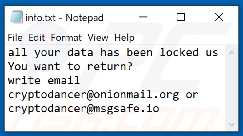 Fichier texte du ransomware Dance (info.txt)