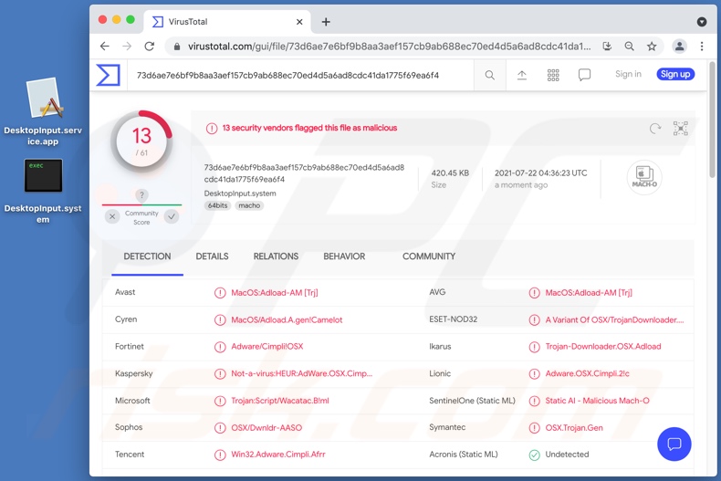 Logiciel publicitaire DesktopInput détecté sur VirusTotal