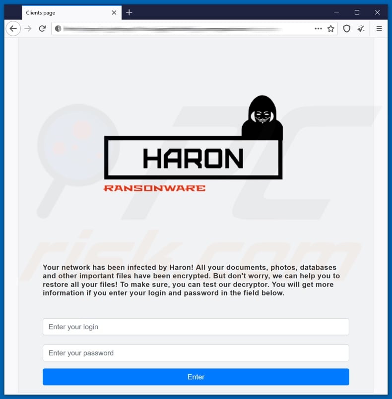 Page Web de connexion au ransomware Haron