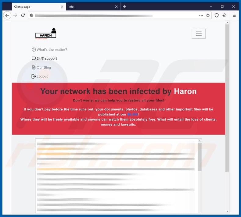 Haron ransomware affiche la page Web après la connexion