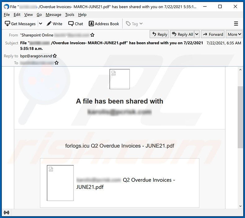 E-mail de spam sur le thème de la facture faisant la promotion d'un site Web d'hameçonnage (2021-07-23)