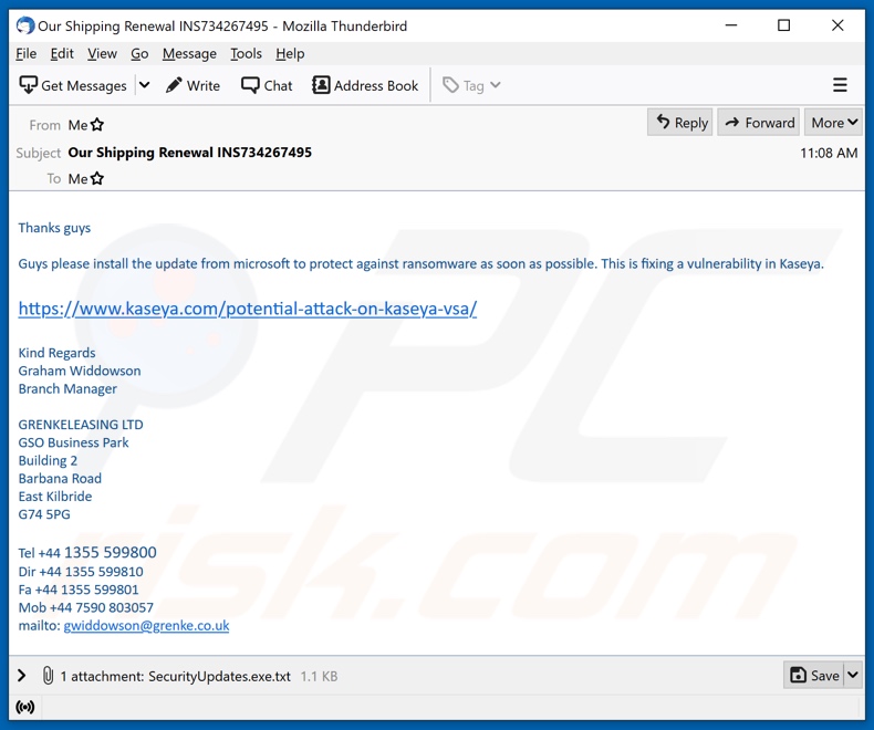 Campagne de spam par e-mail Kaseya diffusant des malwares