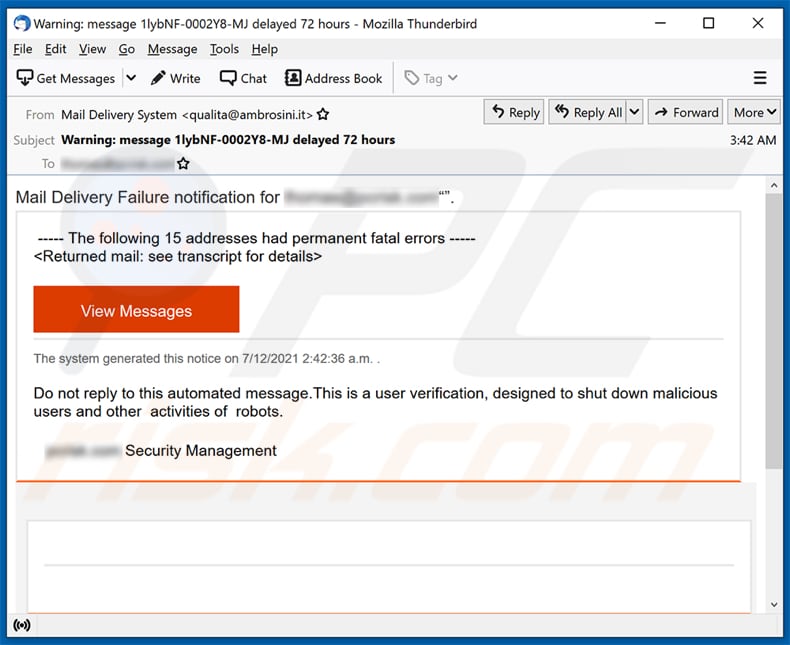 Mail Delivery Failure scam email campagne de spam