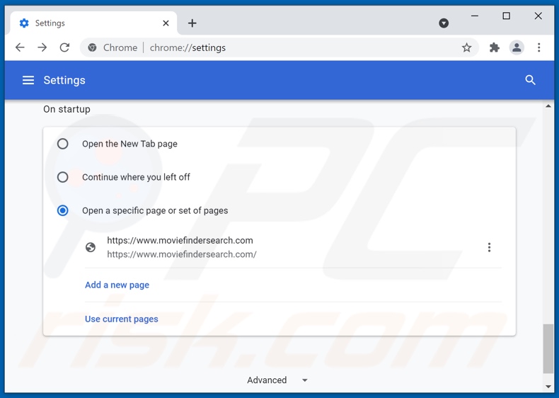 Suppression de moviefindersearch.com de la page d'accueil de Google Chrome