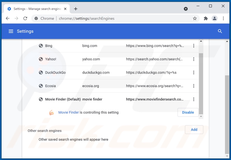 Suppression de moviefindersearch.com du moteur de recherche par défaut de Google Chrome