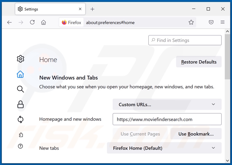 Suppression de moviefindersearch.com de la page d'accueil de Mozilla Firefox