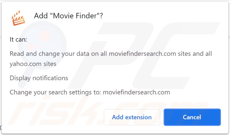 Pirate de navigateur Movie Finder demandant diverses autorisations