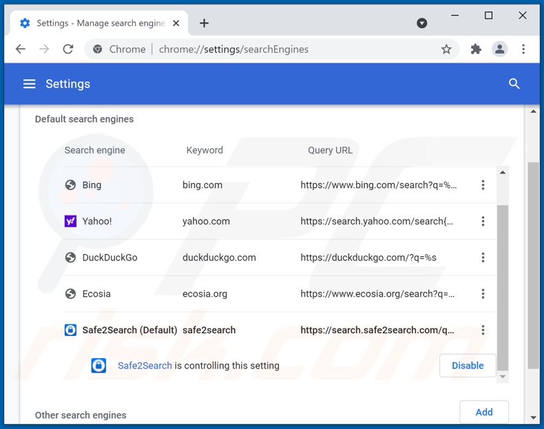 Suppression de search.safe2search.com du moteur de recherche par défaut de Google Chrome