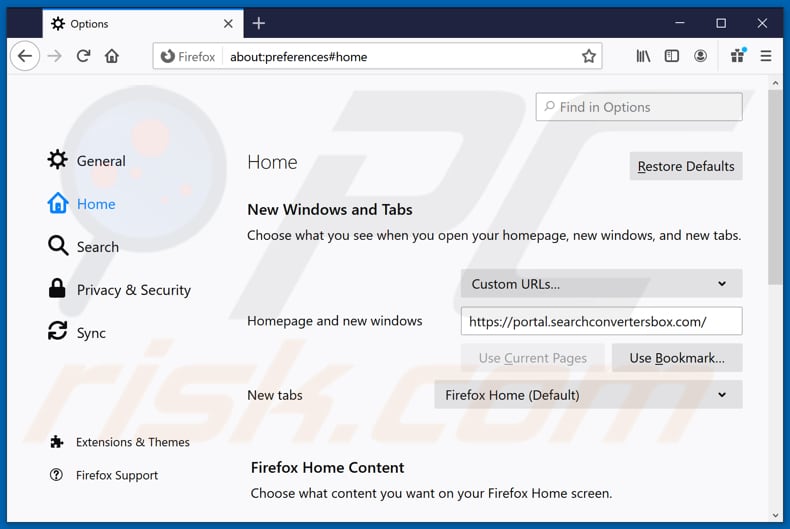 Suppression de searchconvertersbox.com de la page d'accueil de Mozilla Firefox