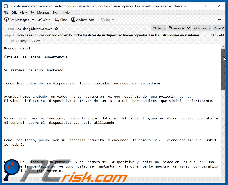 This is my last warning!!! scam email Spanish variant