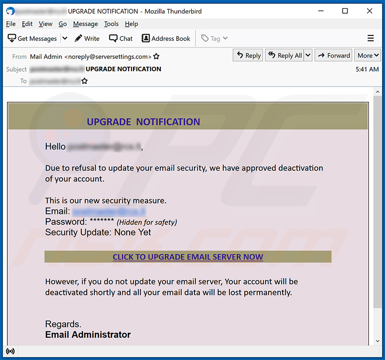 Spam par e-mail faisant la promotion d'un site de phishing