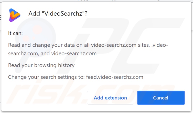 Pirate de navigateur VideoSearchz demandant des autorisations