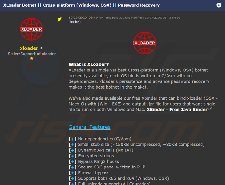 Des cybercriminels vendant XLoader sur des forums de hackers