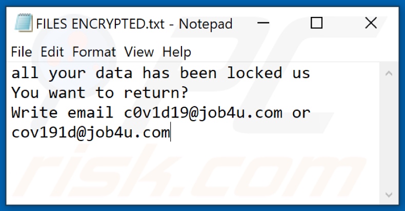 Fichier texte du ransomware C0v (FILES ENCRYPTED.txt)