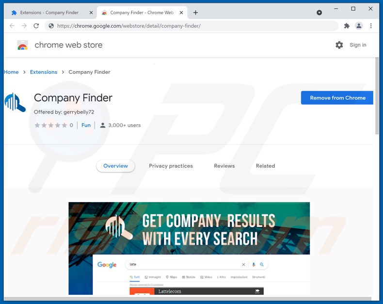 Logiciel publicitaire de recherche d'entreprise sur Chrome Web Store